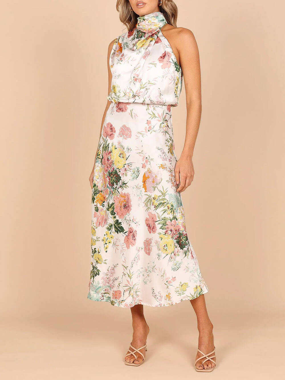 Halter Neck Floral Elastic Waist Maxi Dress - Image 3