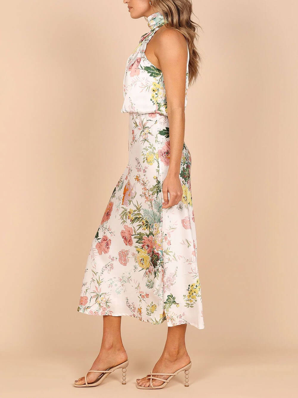 Halter Neck Floral Elastic Waist Maxi Dress - Image 4