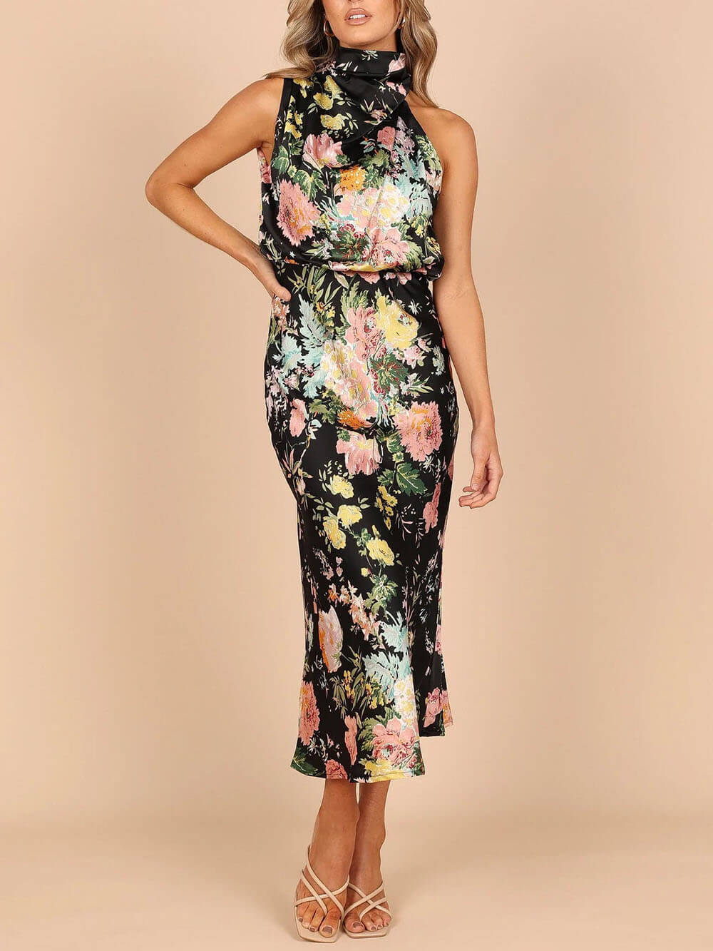 Halter Neck Floral Elastic Waist Maxi Dress - Image 6