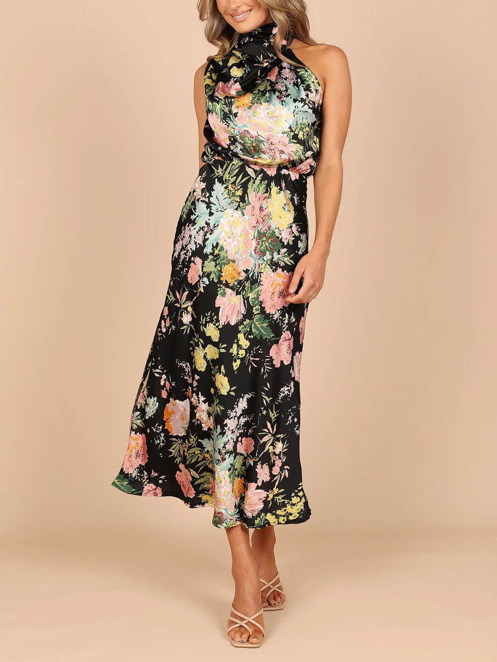 Halter Neck Floral Elastic Waist Maxi Dress - Image 7