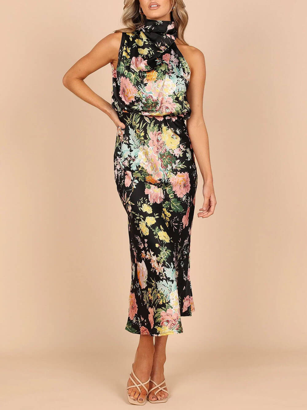Halter Neck Floral Elastic Waist Maxi Dress - Image 9