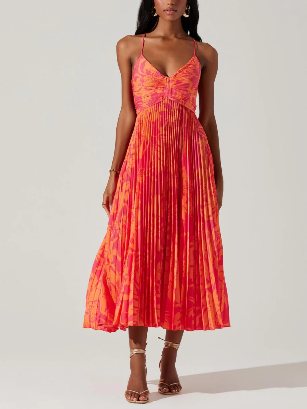 Elegant Floral Print Pleats Midi Dress - Image 3