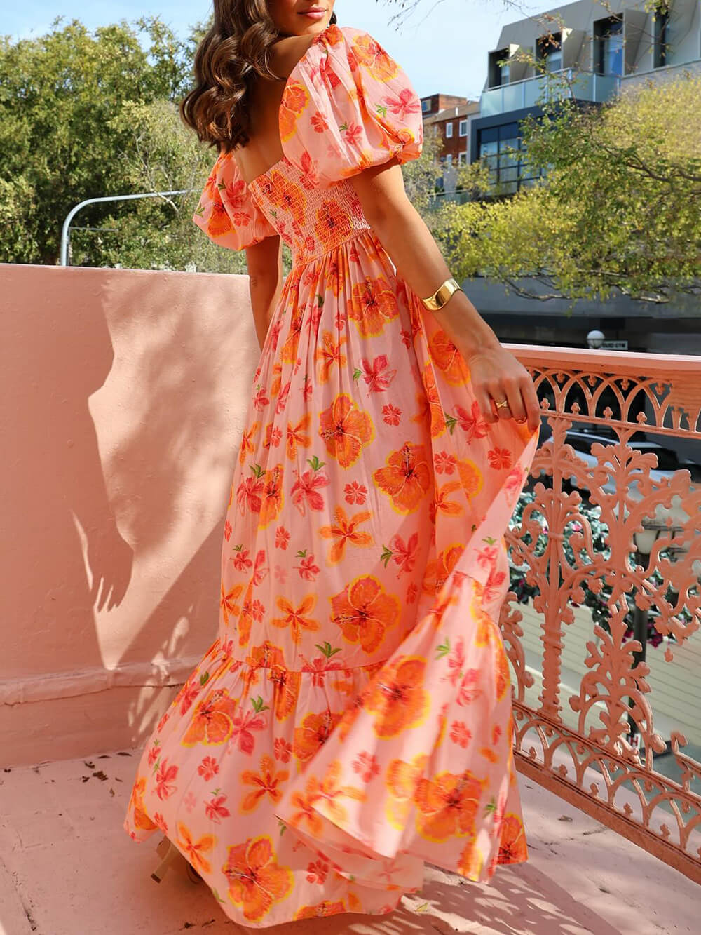Puff Sleeve Floral Print Back Smocked Pocket Maxi Dress - Image 2