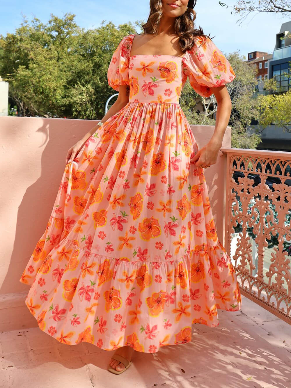 Puff Sleeve Floral Print Back Smocked Pocket Maxi Dress - Image 3