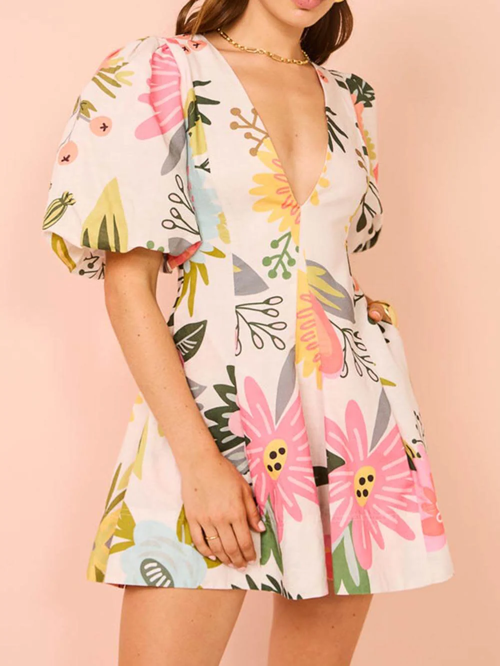 Puff Sleeve Floral Print Pocketed Mini Dress - Image 5