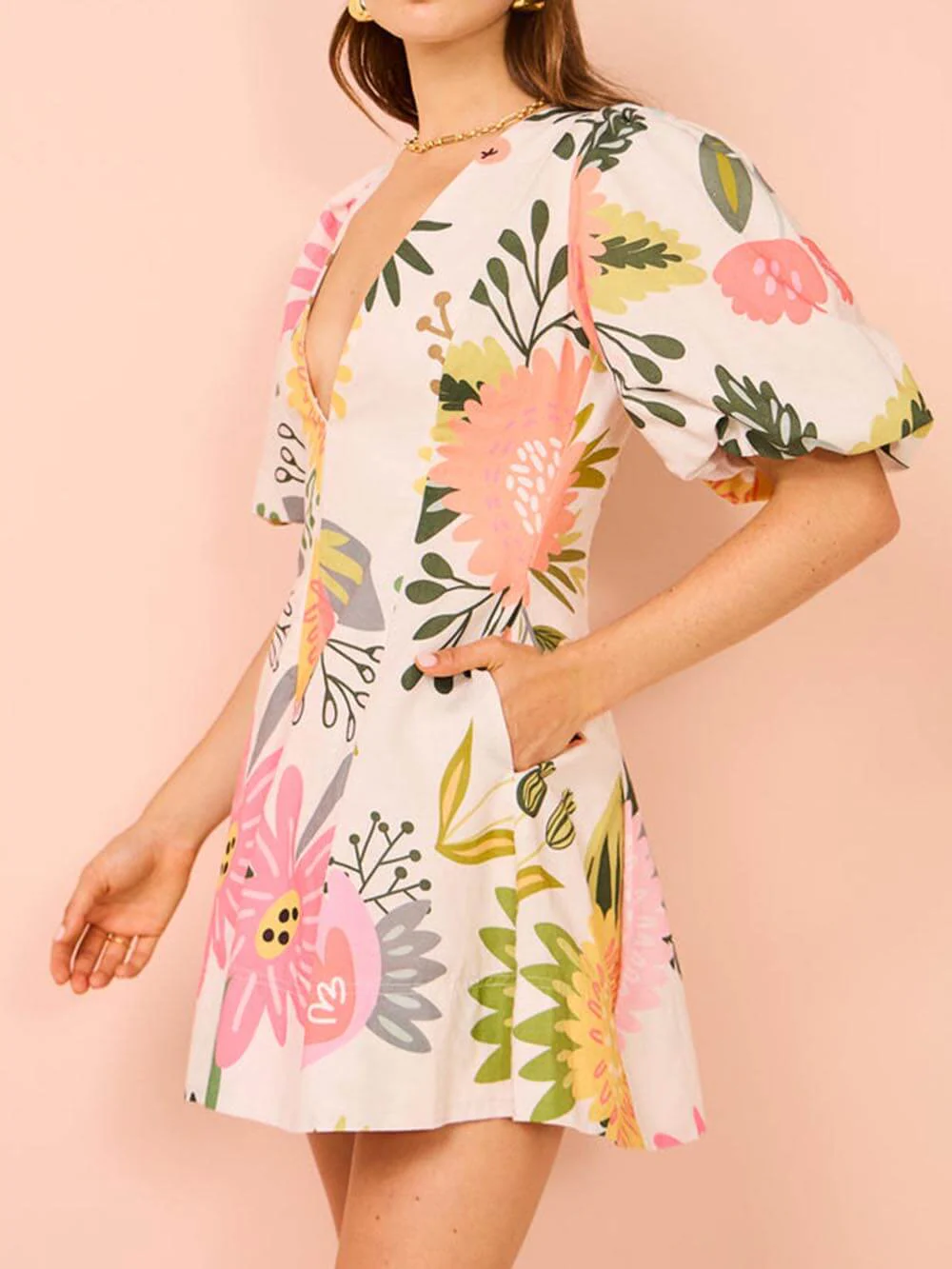 Puff Sleeve Floral Print Pocketed Mini Dress - Image 8