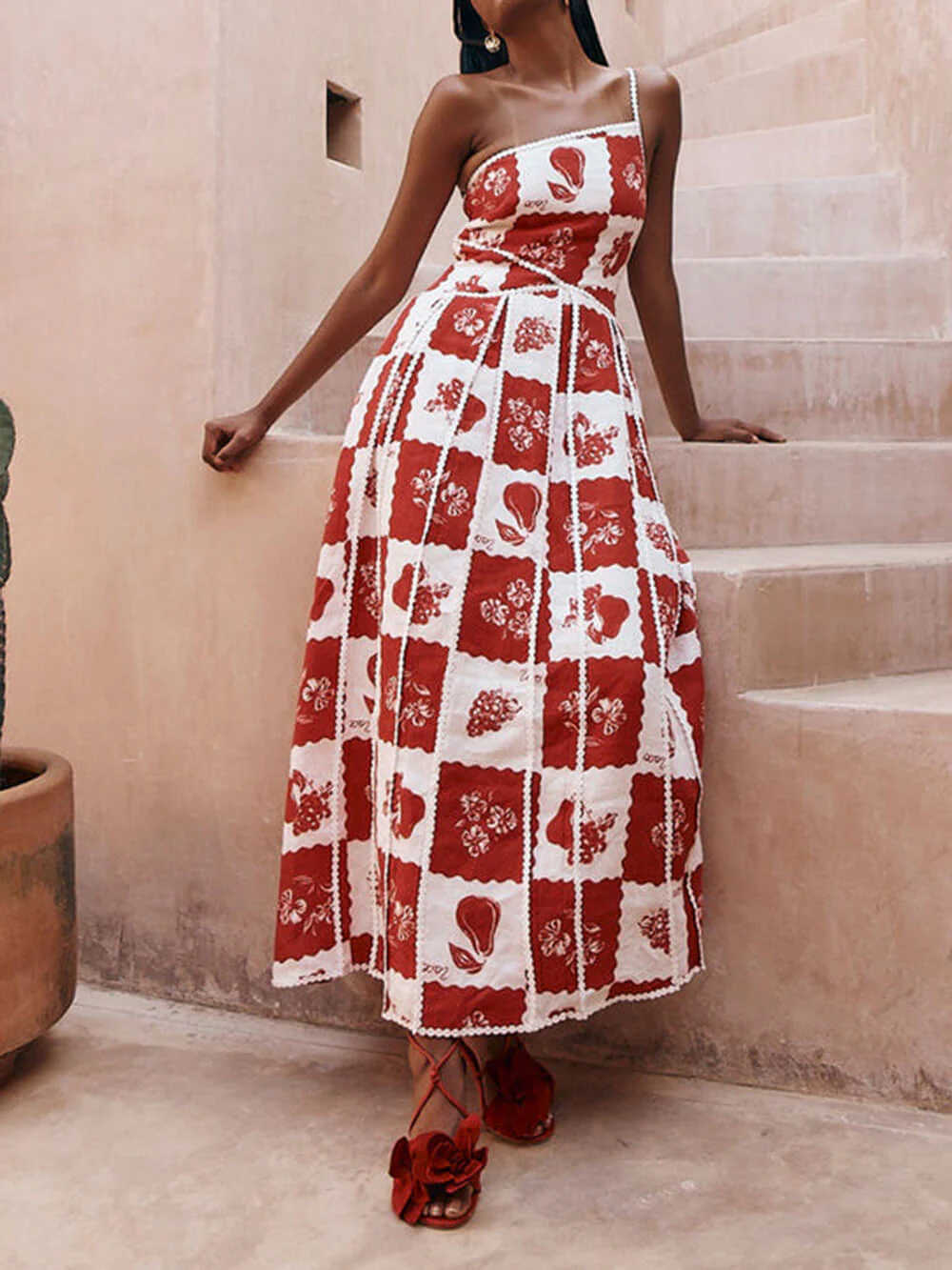 Unique Printed Floral Trim One Shoulder Flared Maxi Dress - Image 2