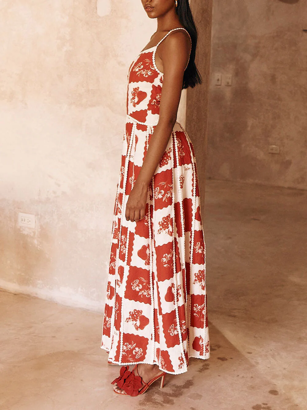 Unique Printed Floral Trim One Shoulder Flared Maxi Dress - Image 3