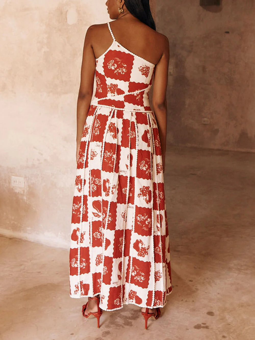 Unique Printed Floral Trim One Shoulder Flared Maxi Dress - Image 4