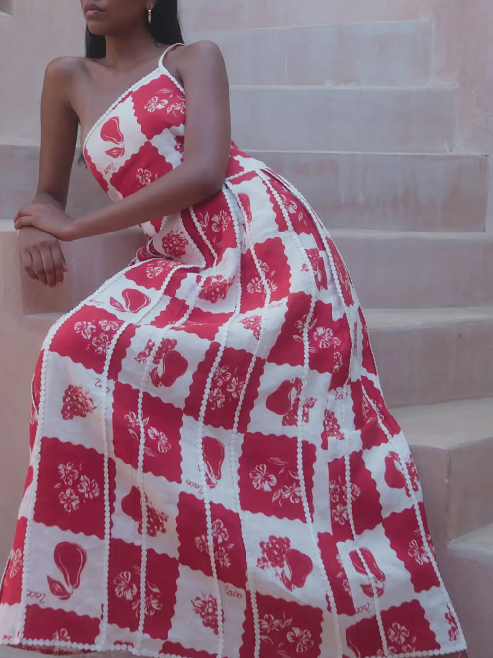 Unique Printed Floral Trim One Shoulder Flared Maxi Dress - Image 5