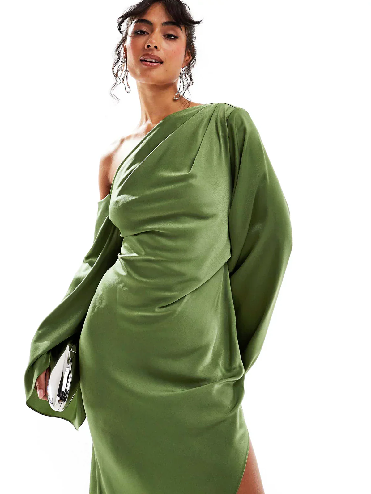 Green Asymmetrical Hem Satin Maxi Dress - Image 3