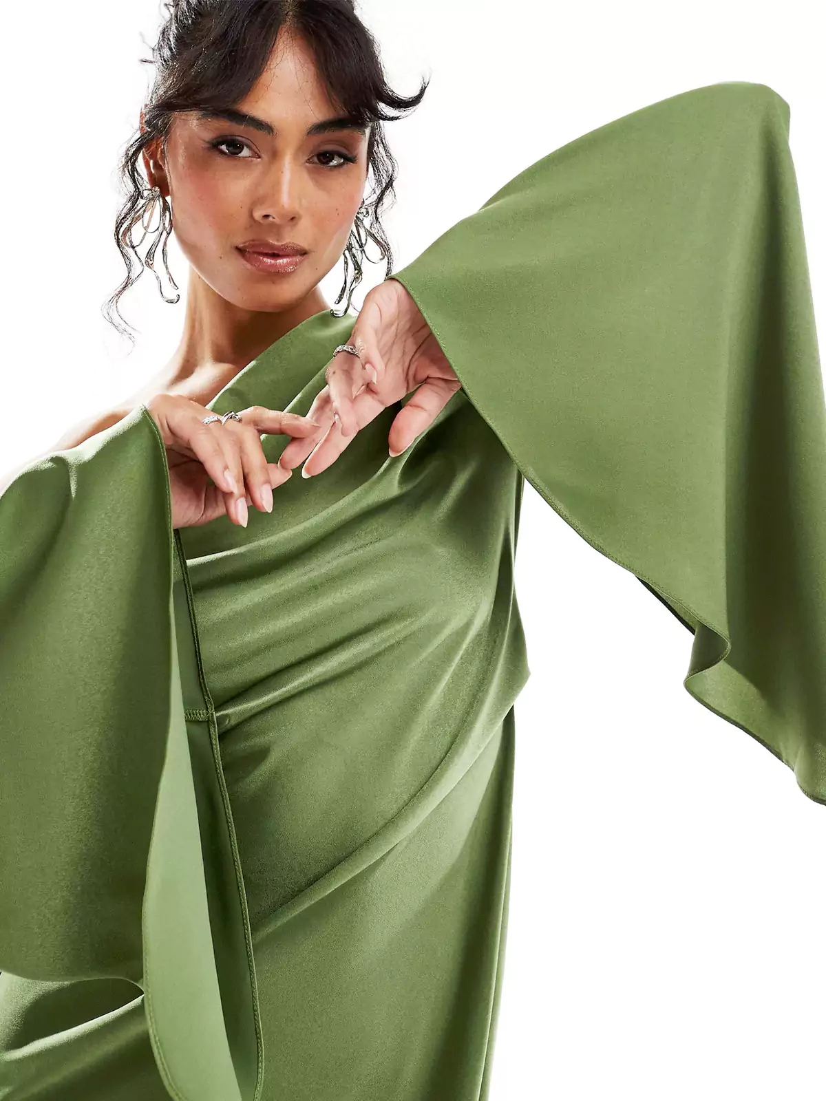 Green Asymmetrical Hem Satin Maxi Dress - Image 4