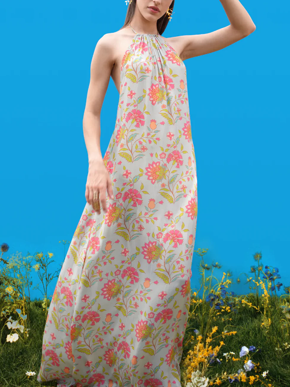 Halter-Back Hand-Drawn Prints Maxi Dress - Image 2
