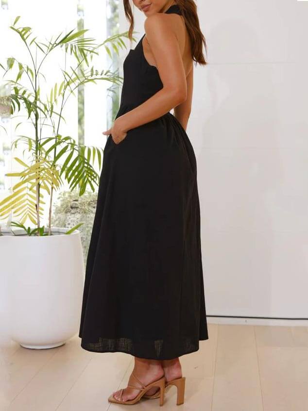 Waist Little Black Halter Neck Dress Mid Length Dress - Image 2