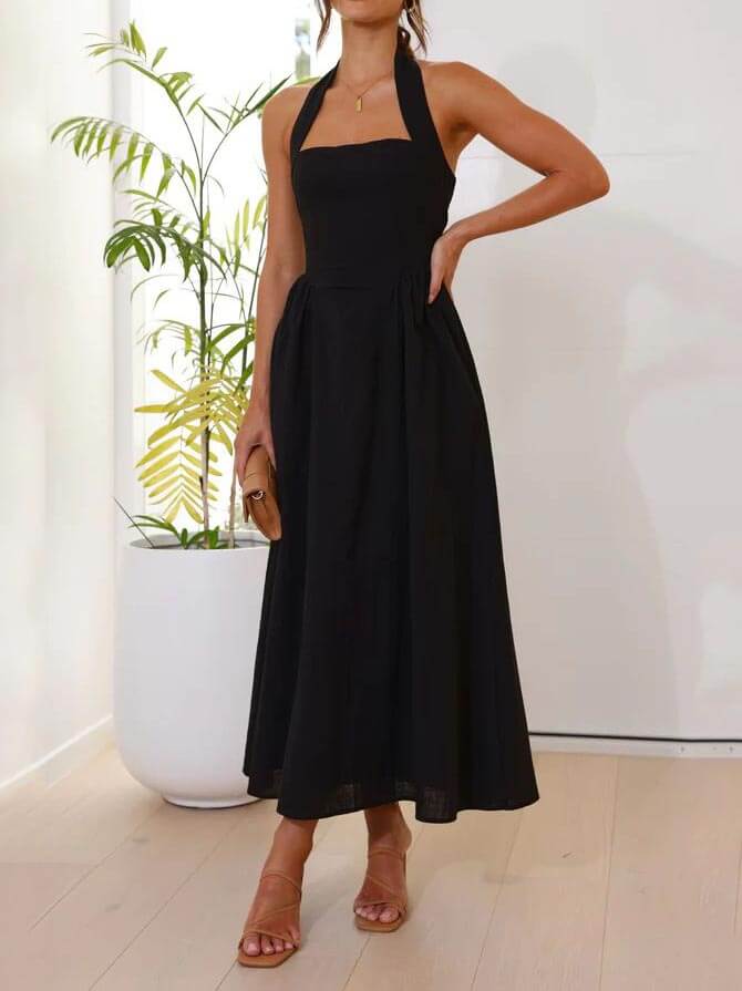 Waist Little Black Halter Neck Dress Mid Length Dress - Image 3
