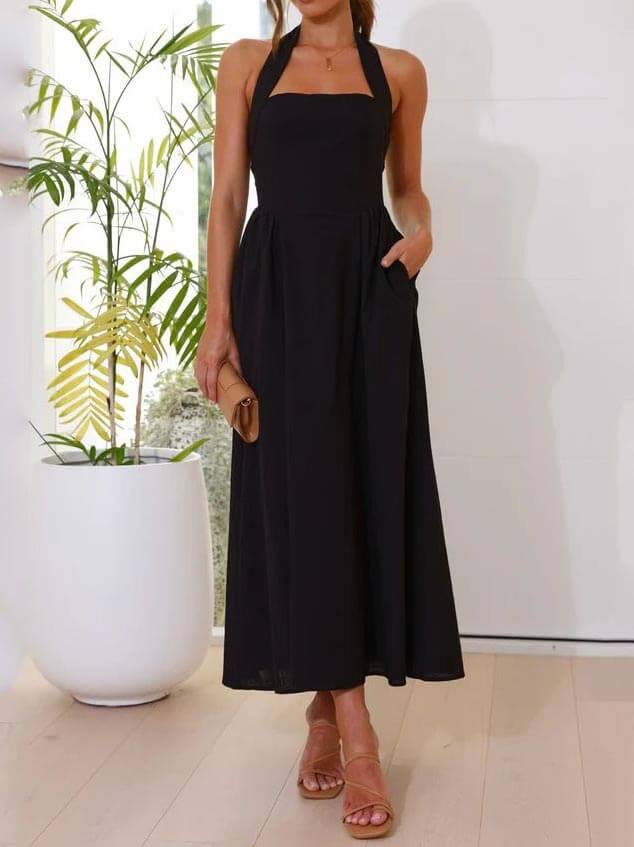 Waist Little Black Halter Neck Dress Mid Length Dress - Image 6