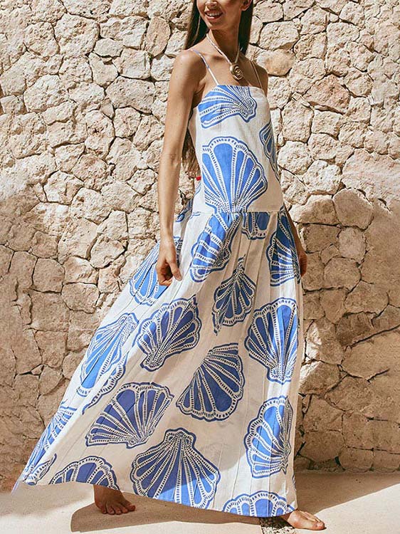 Holiday Casual Ocean Shell Print Sling Maxi Dress - Image 3