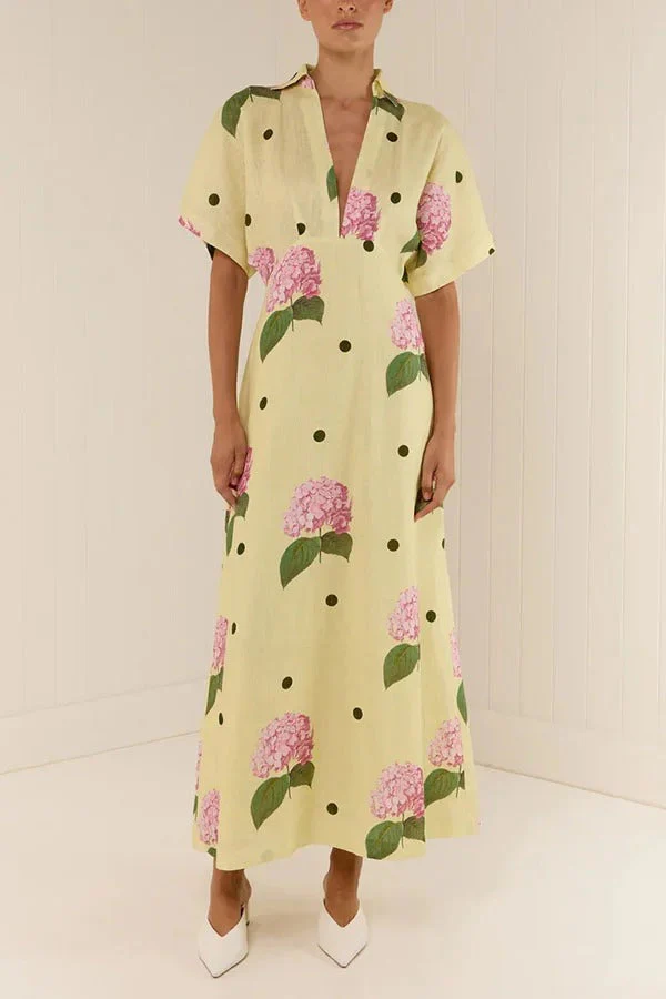 Jasmine Linen Blend Floral Polka Dot Wide Sleeve Shirt Maxi Dress - Image 2