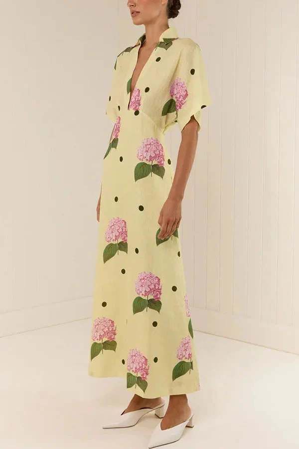 Jasmine Linen Blend Floral Polka Dot Wide Sleeve Shirt Maxi Dress - Image 6