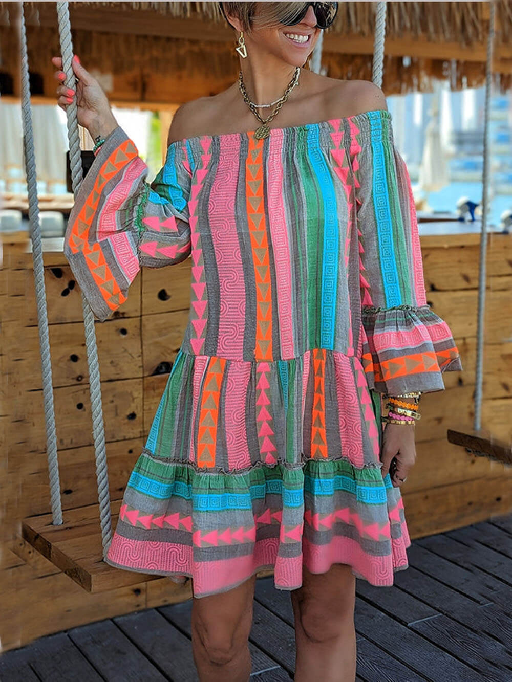 Ethnic Print Linen Blend Off Shoulder Loose Mini Dress - Image 10
