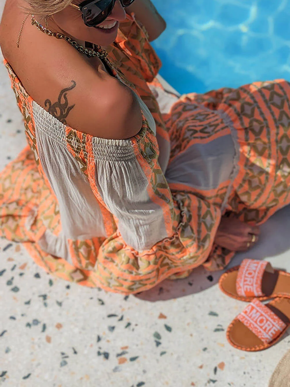 Ethnic Print Linen Blend Off Shoulder Loose Mini Dress - Image 4