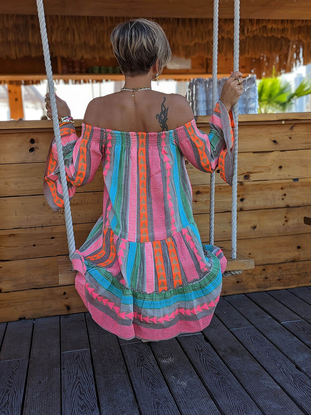 Ethnic Print Linen Blend Off Shoulder Loose Mini Dress - Image 6