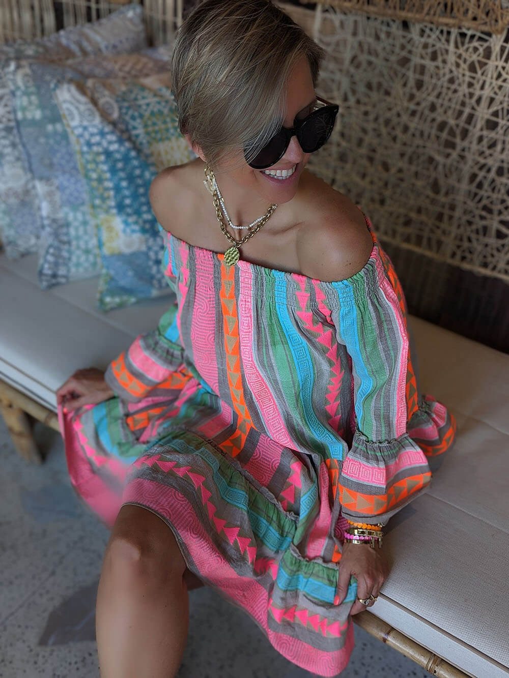 Ethnic Print Linen Blend Off Shoulder Loose Mini Dress - Image 8