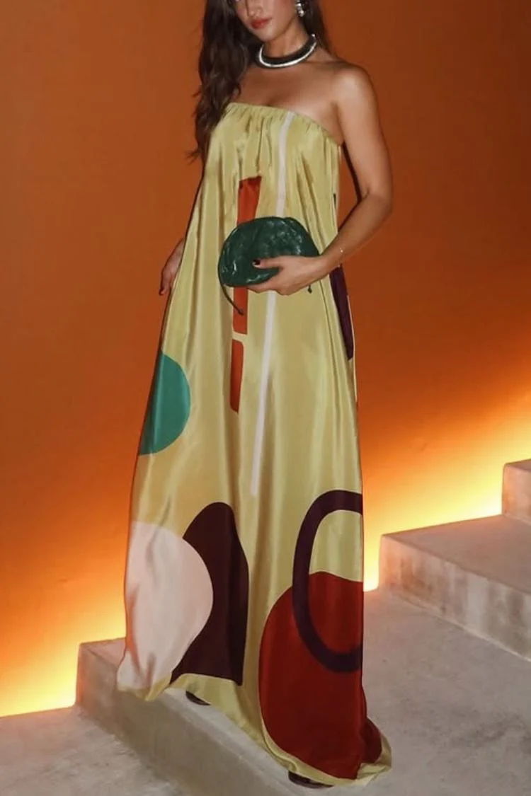 Miss Me Satin Unique Printed Off Shoulder Pocketed Loose Maxi Dress - Image 2