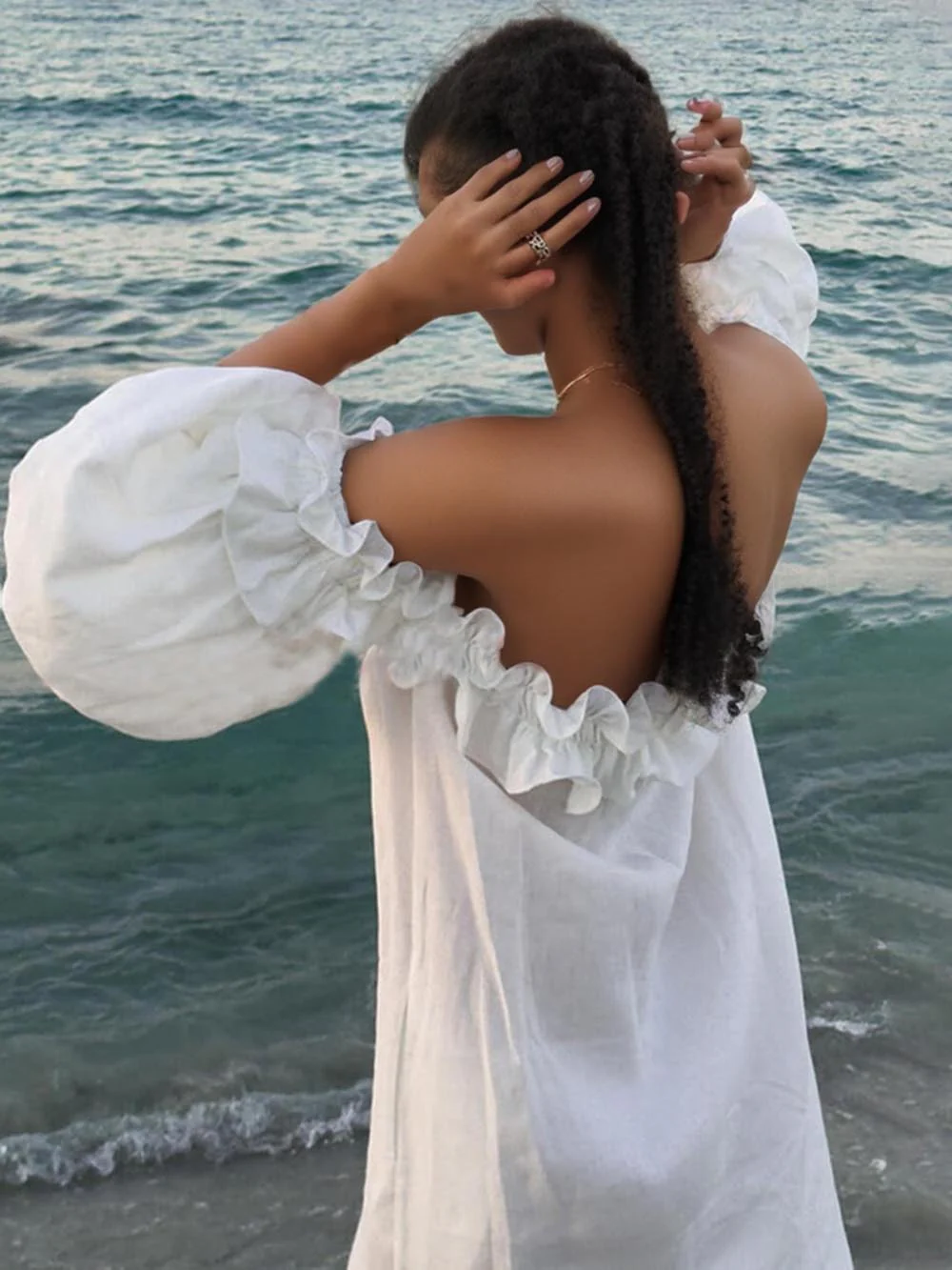 Ruffle Off Shoulder Puff Sleeve Pocketed Midi Dress - Image 3