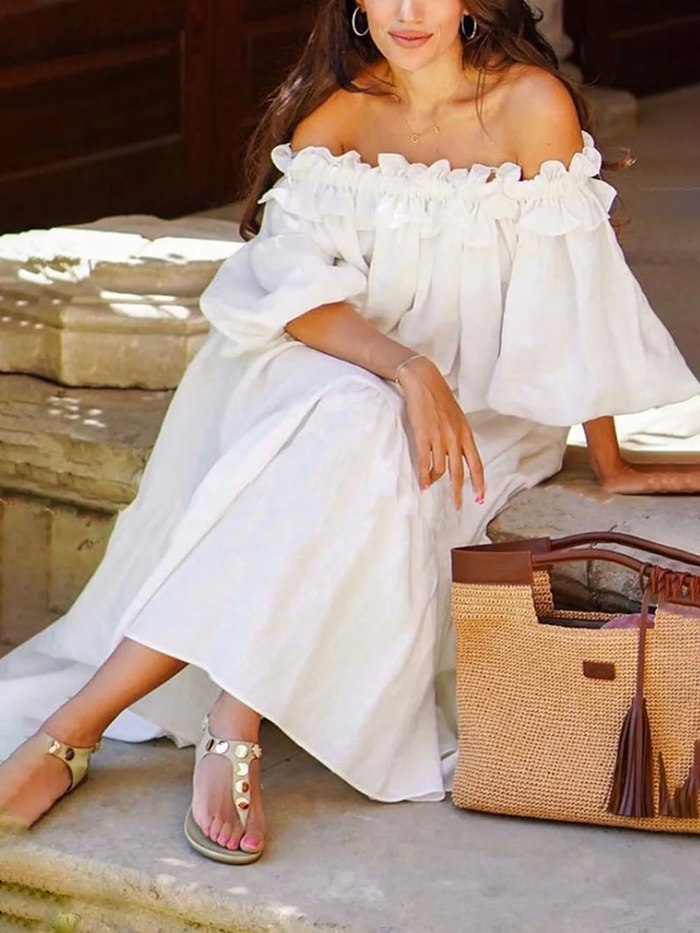 Ruffle Off Shoulder Puff Sleeve Pocketed Midi Dress - Image 4