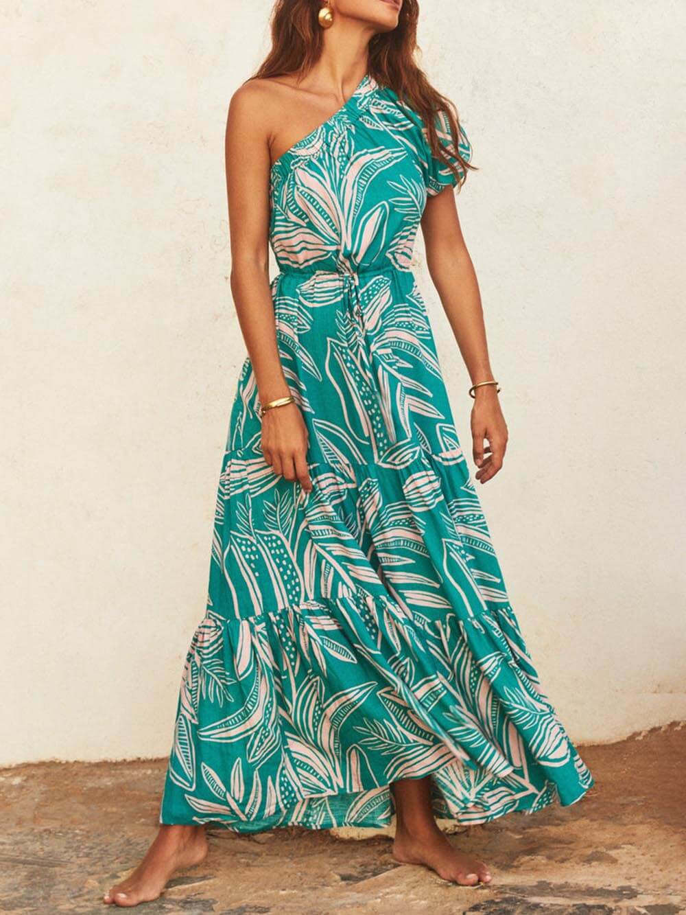 Off-Shoulder Palm Leaf Print Holiday Style Floral Dress - Image 2