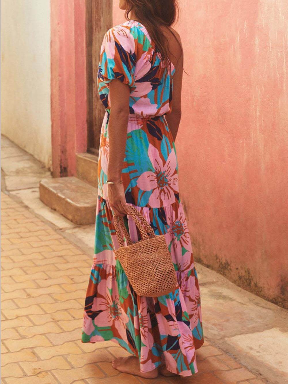 Off-Shoulder Palm Leaf Print Holiday Style Floral Dress - Image 3