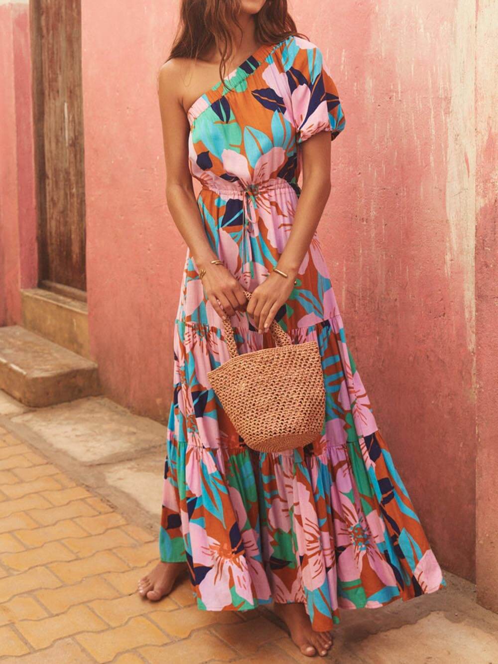 Off-Shoulder Palm Leaf Print Holiday Style Floral Dress - Image 4