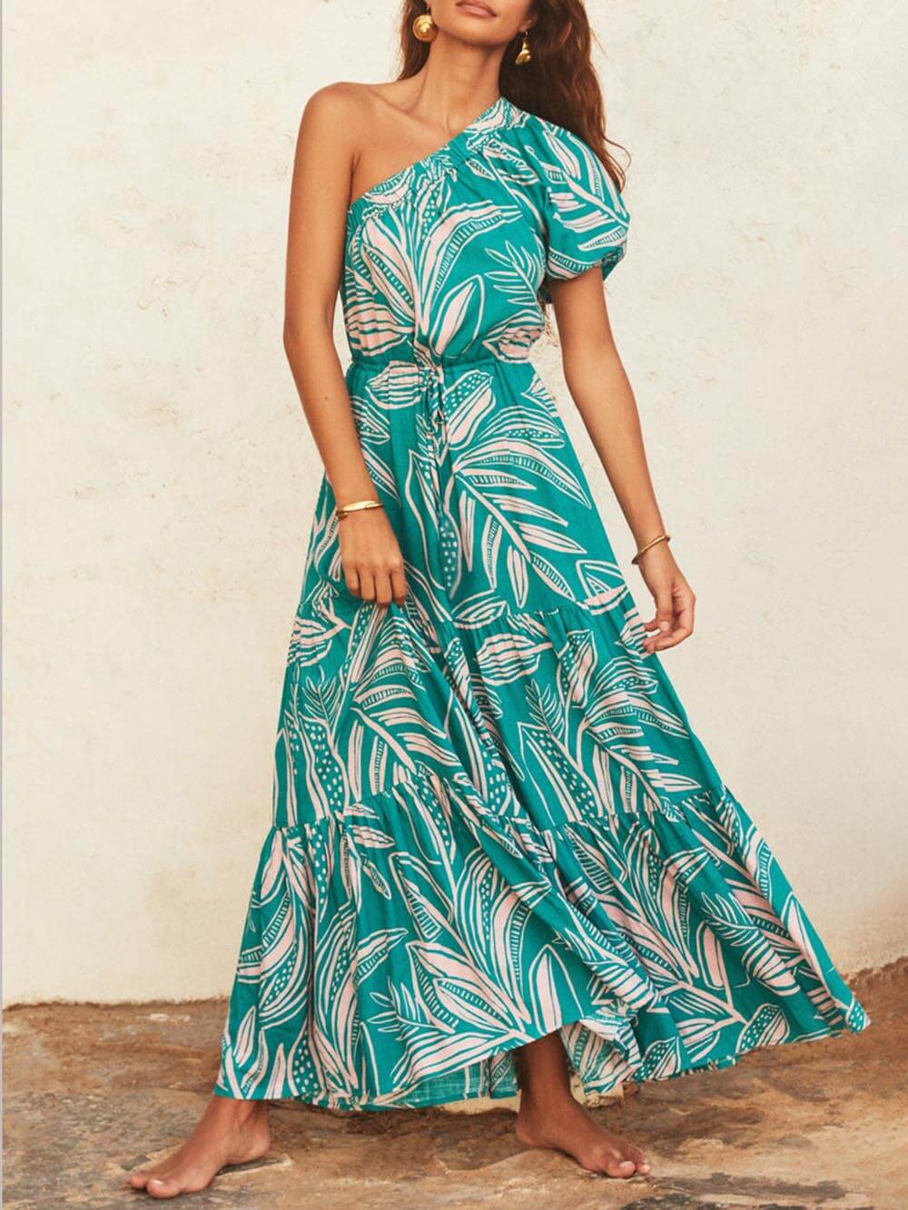 Off-Shoulder Palm Leaf Print Holiday Style Floral Dress - Image 5