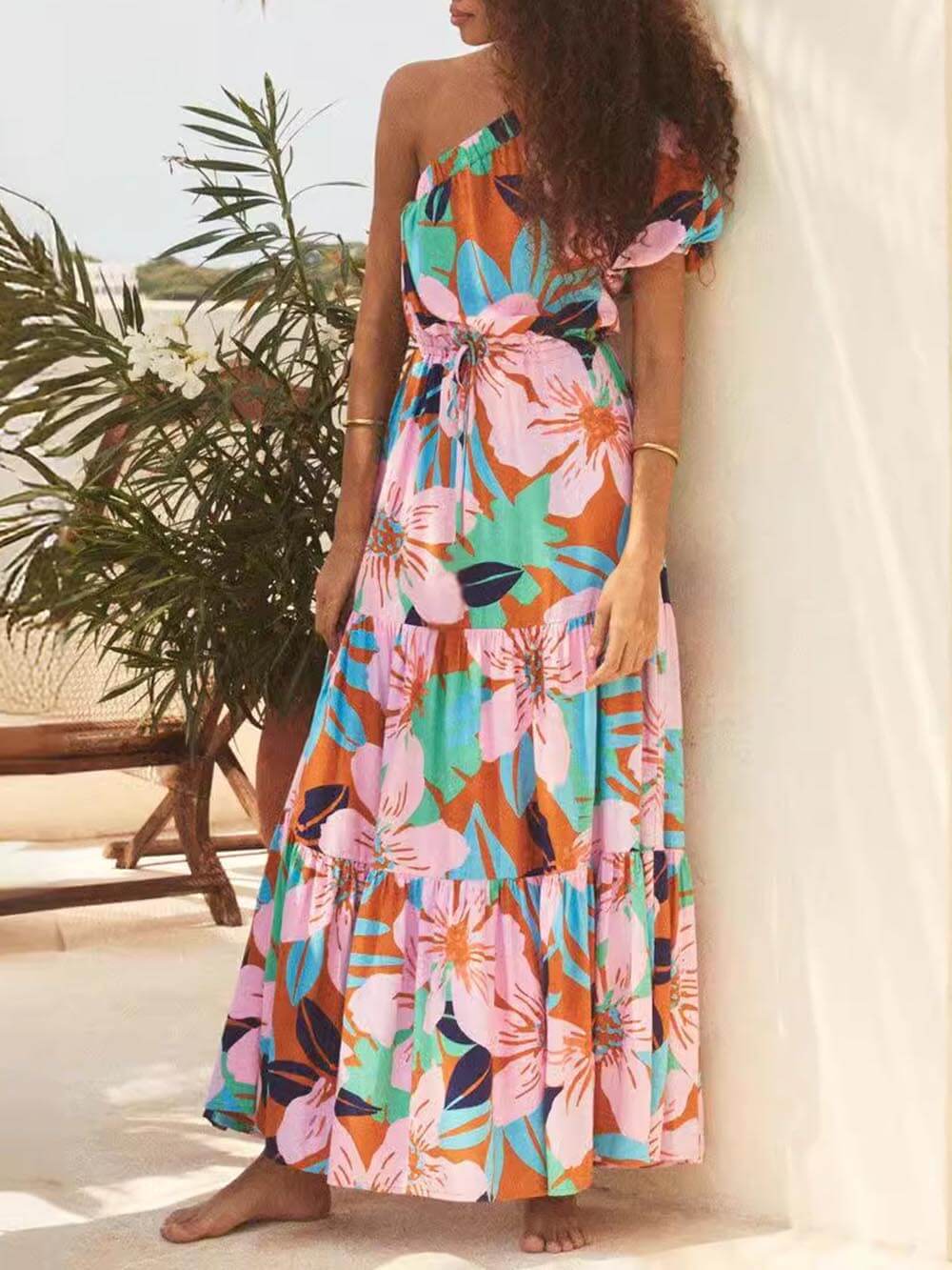 Off-Shoulder Palm Leaf Print Holiday Style Floral Dress - Image 6