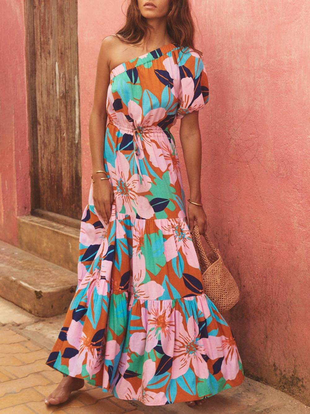 Off-Shoulder Palm Leaf Print Holiday Style Floral Dress - Image 7