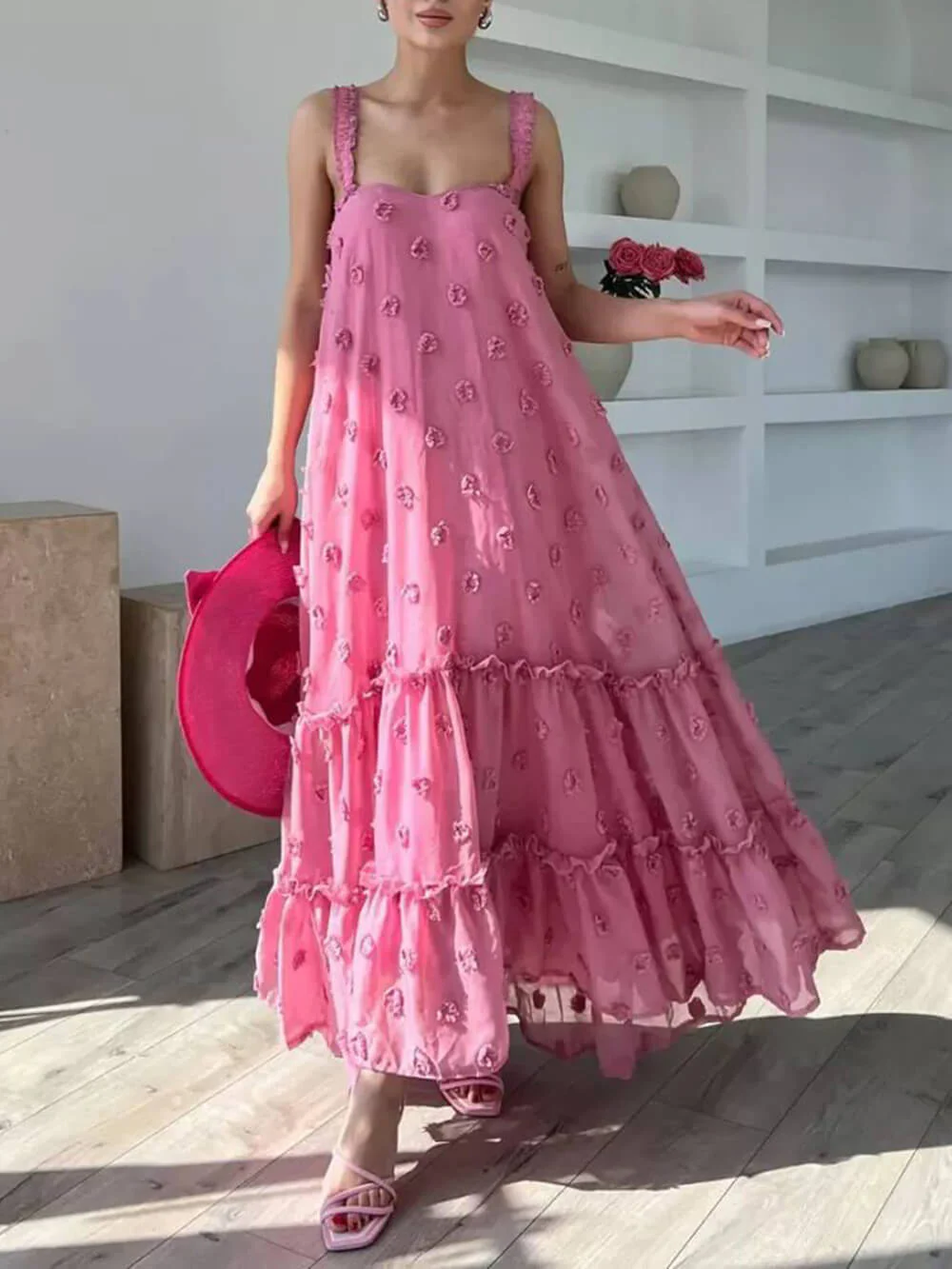 Flower Decor Pretty A-Line Layered Loose Maxi Dress - Image 10