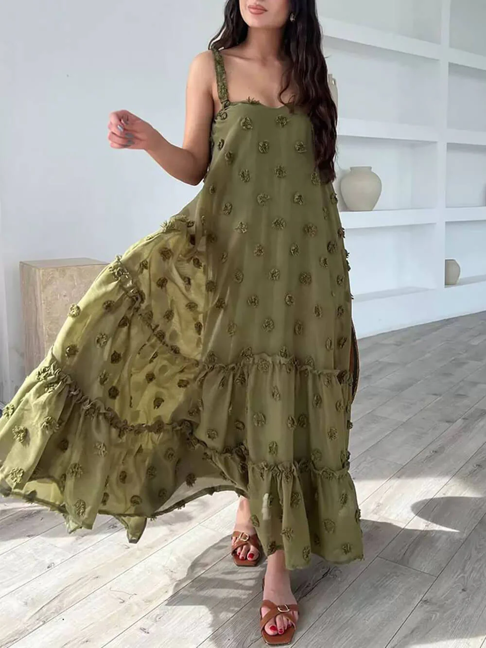 Flower Decor Pretty A-Line Layered Loose Maxi Dress - Image 2