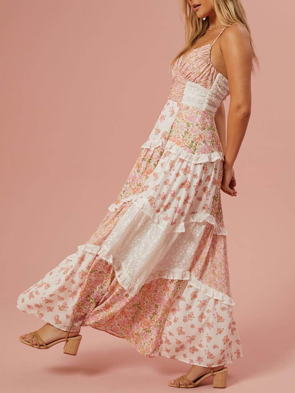 Retro Floral Print Patchwork Maxi Dress - Image 3