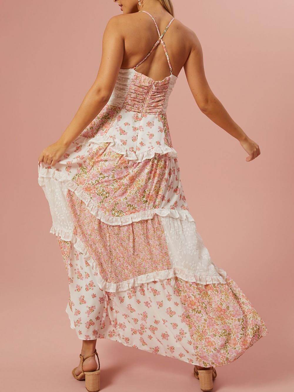 Retro Floral Print Patchwork Maxi Dress - Image 4