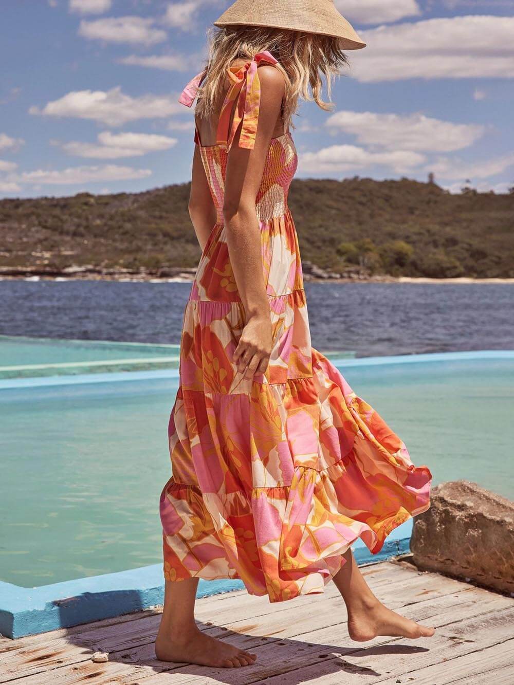 Sleeveless Sea Charm Pleated Stretch Chest Print Cami Dress - Image 3