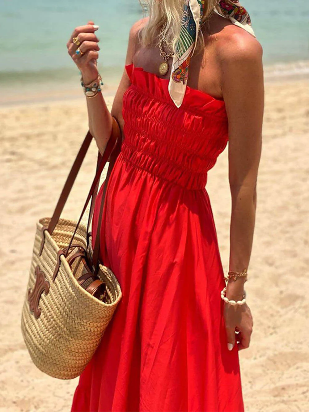 Off Shoulder Smocked Bust Vacation Maxi Dress - Image 2