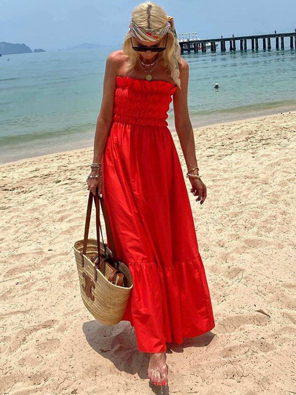 Off Shoulder Smocked Bust Vacation Maxi Dress - Image 3