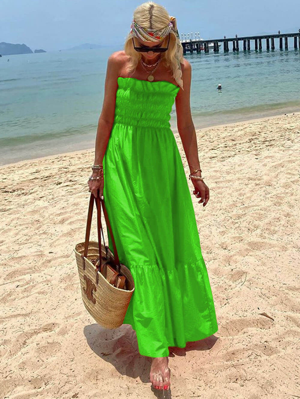 Off Shoulder Smocked Bust Vacation Maxi Dress - Image 4