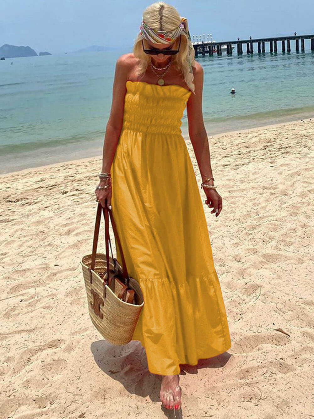 Off Shoulder Smocked Bust Vacation Maxi Dress - Image 5