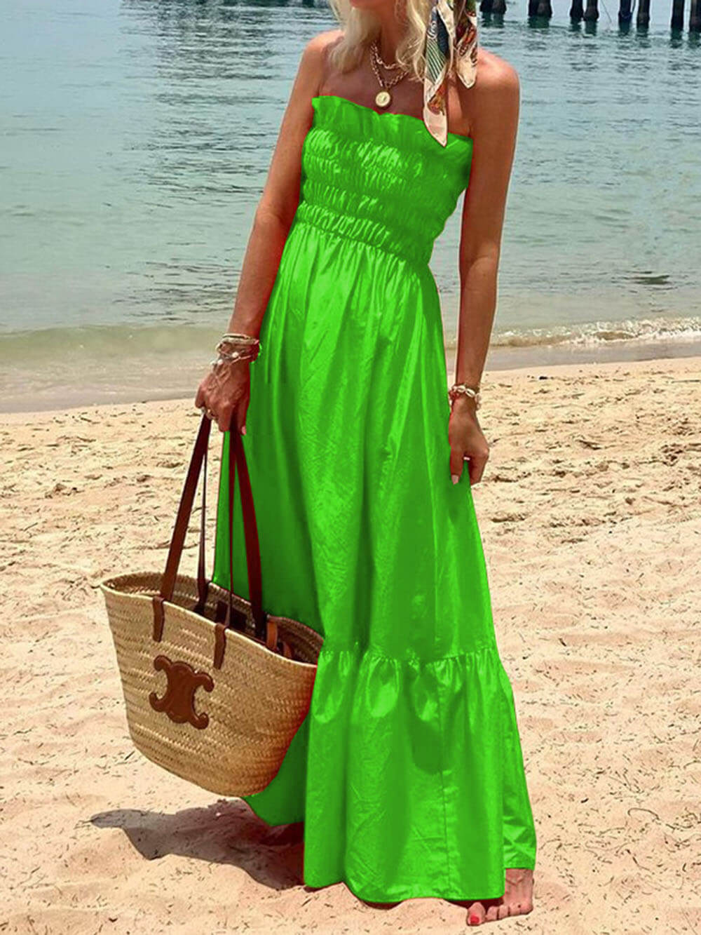 Off Shoulder Smocked Bust Vacation Maxi Dress - Image 6