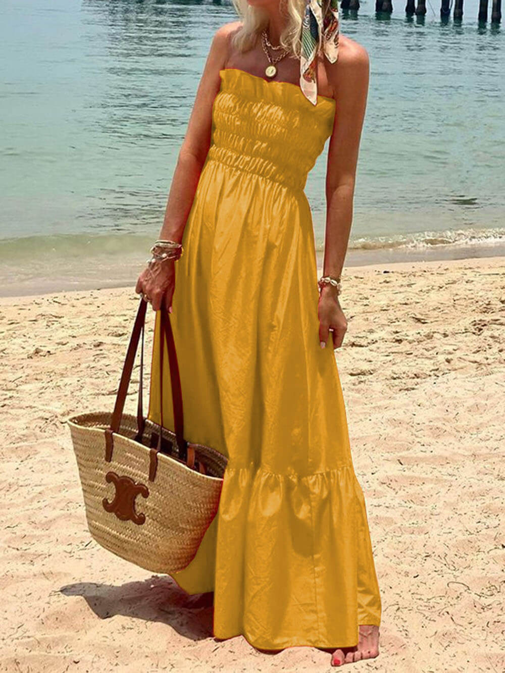 Off Shoulder Smocked Bust Vacation Maxi Dress - Image 7