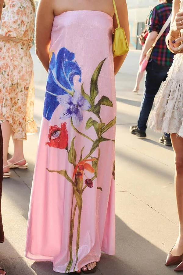 Special Night Sequin Floral Print Off Shoulder A-line Maxi Dress - Image 2