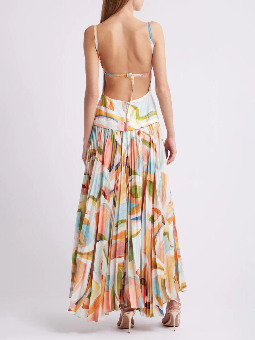 Unique Abstract Print Open Back Pleated Maxi Dress - Image 3