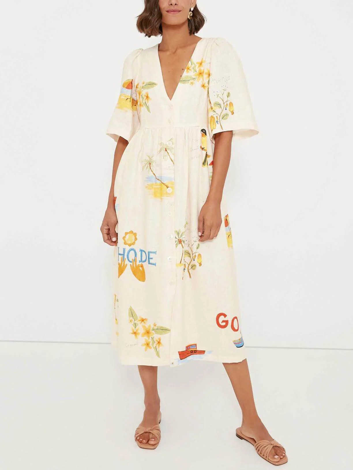 Folk Floral Print Unique Holiday Puff Sleeve Midi Dress - Image 2